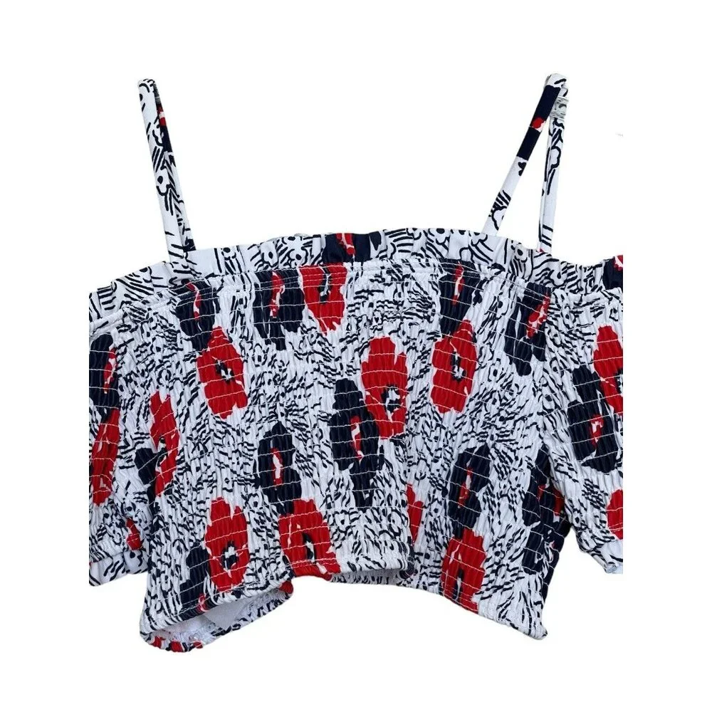 Janie And‎ Jack Bikini Size 16 Floral Smocked Off Shoulder Red White Blue